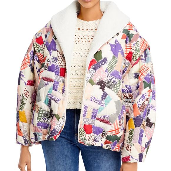 SEA NY Harlow Patchwork Faux Fur Puffer Jacket S NWT Quilted Boho Small - Picture 7 of 12